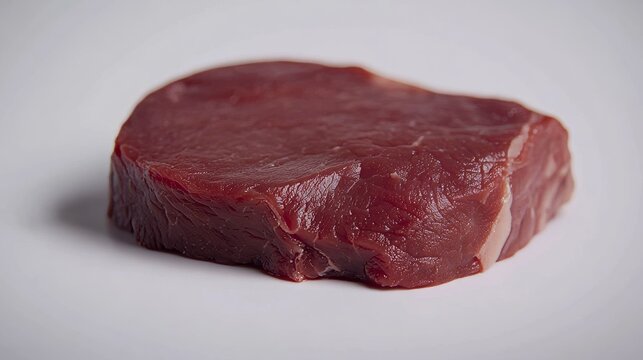 Piece of raw beef steak on white background. Fresh red meat with natural marbling and texture for culinary use.
