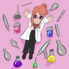 実験器具に囲まれて座っている女性科学者のイラスト