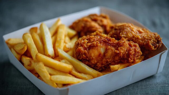 258Side-angle view of fast food box with fried chicken and fries, white seamless background, natural light highlighting golden textures, commercial photography style for fast food mar