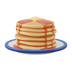 A stack of delicious 3D pancakes with syrup and butter.