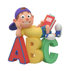 A cheerful 3D boy reads on large ABC letters.