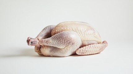 Fototapeta premium Whole raw chicken on white background showing natural shape and skin texture. Fresh poultry for roasting or cooking. 
