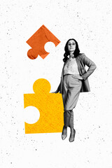 Fototapeta premium Trend artwork sketch design montage 3D collage of aged woman boss stand hand hold piece puzzle match think solve problem human resources