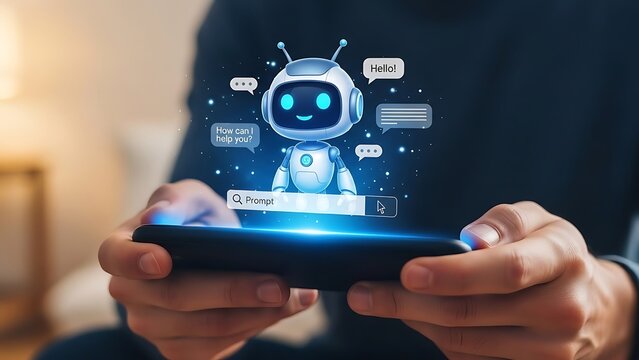Friendly robot assistant on smartphone screen with glowing prompt