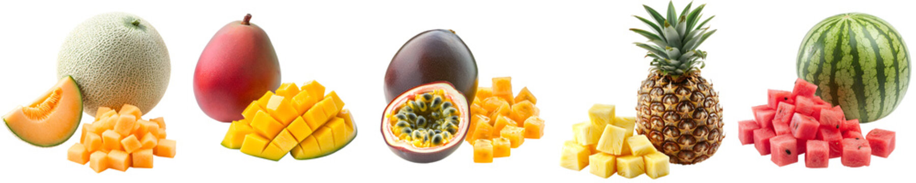 Set collection of various delicious tropical fruits: passion fruit, melon, watermelon, mango, and pineapple, isolated on a transparent background PNG, template, mockup, cutout