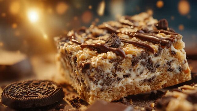 272Cinematic close-up of chocolate snack bar with embedded cookies, texture of cookie and chocolate contrasted, golden toasted highlights and shadows, rich dessert appeal