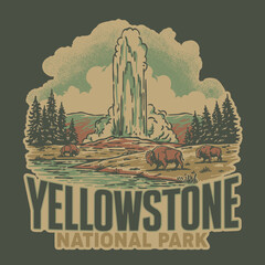 Yellowstone national park vintage hand draw illustration for badge and merchandise design © Pucukan