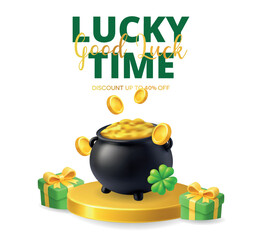 3D St. Patricks Day podium scene with pot of gold, flying coins, shamrock, and gift boxes on white background
