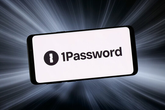 Stuttgart, Germany - 02-04-2026: In this photo illustration, the logo of password manager company 1Password is displayed on a smartphone in front of abstract background on computer screen.