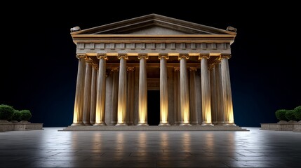 Obraz premium Golden Greek temple with classical columns illuminated in a dark space, showcasing architectural details and a clean minimal background, ideal for commercial photography