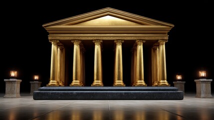 Fototapeta premium Golden Greek temple with six Corinthian columns illuminated in a dark space, featuring a polished black platform and stone pedestals with lanterns on either side