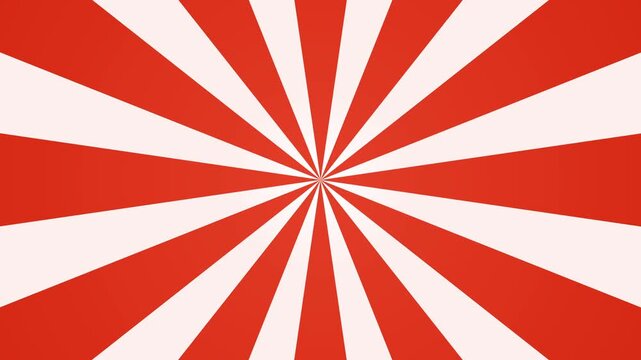 4K seamless looping video of a rotating circus carnival background featuring red and cream radial sunburst beams in a vintage pop art style. This high-quality motion graphic is ideal for retro design.