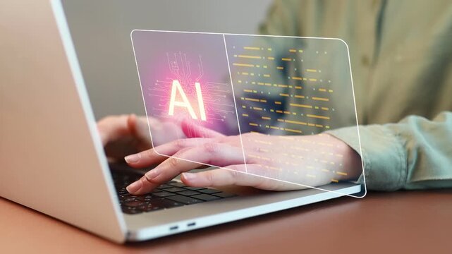 Hands typing on a laptop with an overlay of AI graphics in a workspace showing technology and innovation.