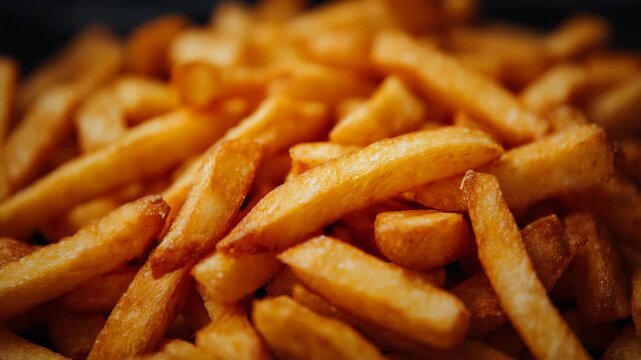 Cinematic macro shot of crispy fries overflowing, golden potato slices with crunchy tips and darker fried edges, shallow depth of field, rich warm color palette, fast junk food con