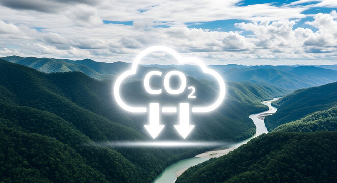 CO2 Emissions Icon Over Scenic Landscape: A compelling visual, illustrating the concept of carbon emissions reduction set against the backdrop of a pristine mountain landscape.