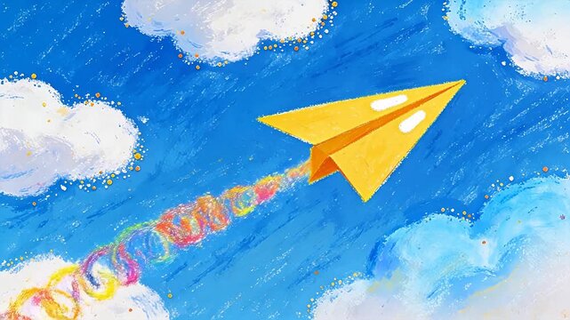 Yellow paper plane with colorful spiral trail in blue sky