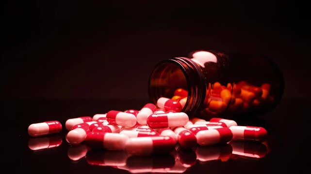 Colorful capsules spilling from brown bottle on reflective surface with red background