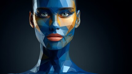 Naklejka premium Sci-fi female avatar with a low-poly design, featuring a blue and orange color scheme, showcasing clear polygonal surfaces and a neutral expression against a dark background