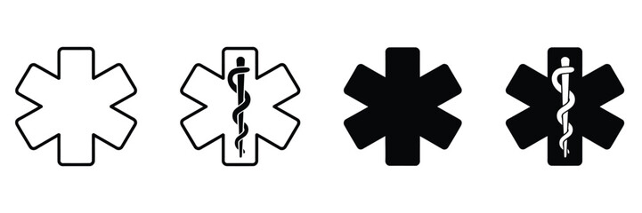 Medical Star icons, vector illustration of Star of Life, medical alert, EMT, EMS, nurse, doctor, caduceus, and emergency services symbols, isolated on white background, suitable for healthcare apps, w