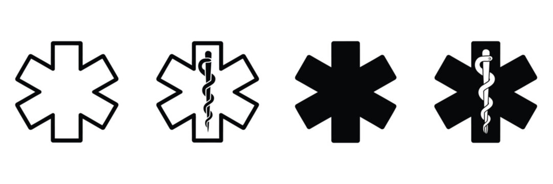 Medical Star icons, vector symbols representing EMT, EMS, Star of Life, nurse, doctor, caduceus, and medical emergency services, clean minimalist design, isolated on white background, perfect for heal