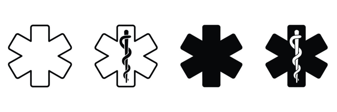 Medical Star icons, vector illustration of Star of Life, medical alert, EMT, EMS, nurse, doctor, caduceus, and emergency services symbols, isolated on white background, suitable for healthcare apps, w
