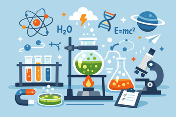 Obraz premium Colorful science lab icons featuring chemistry and physics elements