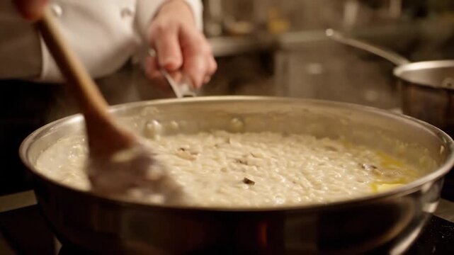 Chef Prepares Creamy Risotto with Butter in a Large Pan, Stirring with a Wooden Spoon.