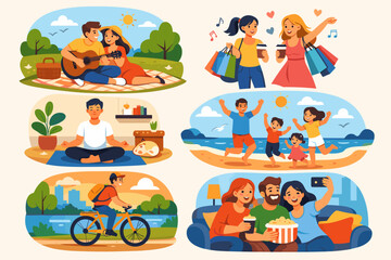 Fototapeta premium Joyful activities: diverse people enjoying shopping, music, sports, family, and relaxation