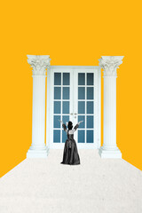 Naklejka premium Banner poster trendy collage photo of happy duchess girl stand palace door entrance baroque era historic period new settlement