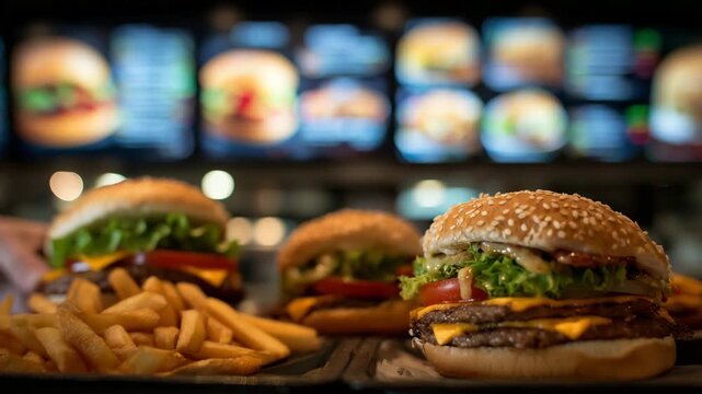 Close-up of a fast food menu board mounted on the wall above the counter, high-resolution images of hamburgers, fries, and combo meals, bright backlit panels, trays of fries and ke