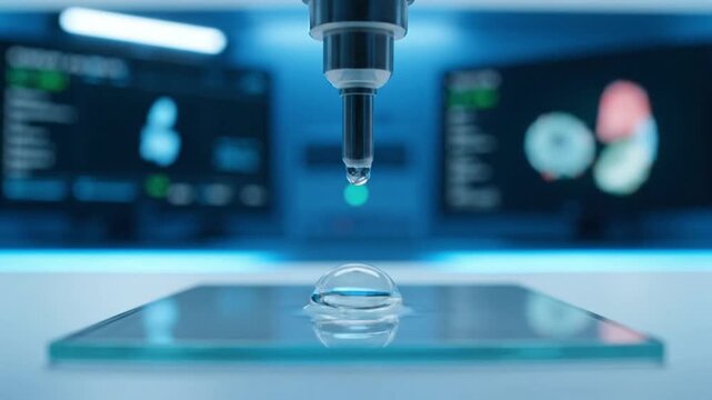 Automated scientific instrument precisely depositing a liquid droplet onto a glass surface in a laboratory setting