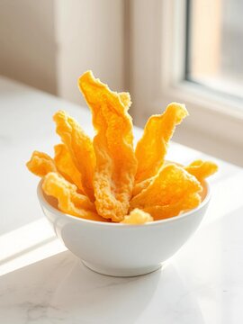 Airy golden youtiao, artfully fractured in a serene white bowl, a whisper of crispy perfection,  cakwe,  textured