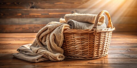 Obraz premium A wicker basket brimming with softly folded sweaters, resting on a rustic wooden surface, bathed in warm sunlight