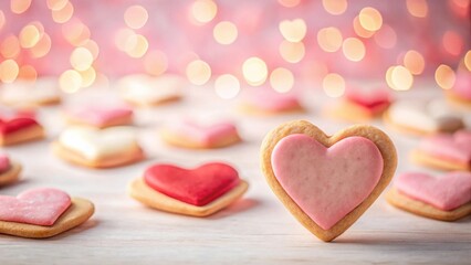 Fototapeta premium A Delicate Arrangement of Heart-Shaped Cookies, Pastel-Colored and Sweet, Against a Soft Pink Bokeh Background