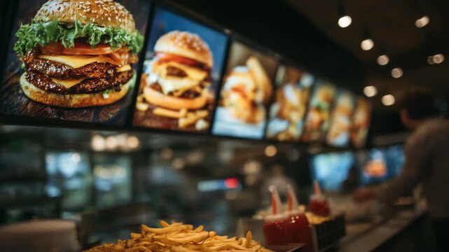 Close-up of fast food menu signage, vivid images of hamburgers, fries, and combo meals, mounted on wall, food counter below featuring fries containers and ketchup dispensers, shall