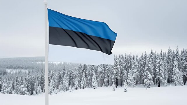 Estonian flag flying above snowy northern forest