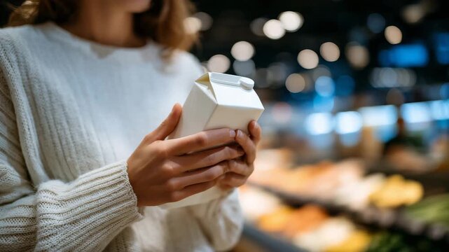 Close-up of hands holding a milk carton in a supermarket, young woman selecting dairy products, blurred shelves in background, shopping and buying food concept, hypermarket environ