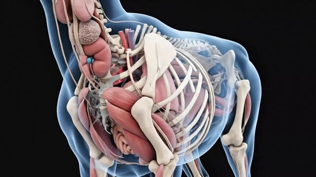 Detailed anatomical model of a horse showing bones muscles and organs