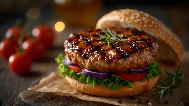 Close-up of juicy grilled burger on rustic surface, thick meat patty with grill marks, toasted bun and fresh toppings, warm natural lighting emphasizing homemade quality and flavor
