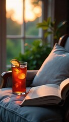 Relaxing evening scene with a glass of iced tea and a book, soft lighting, comfortable armchair  Perfect for summer, tranquility, and peace ,  cozy,  quiet,  peace