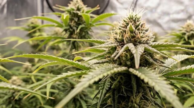 Close-up of cbis plants with buds growing indoors under artificial lighting in a controlled environment.