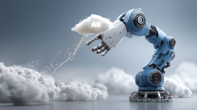 A blue metallic robotic arm emits a beam of white light and data stream from its fingertip connecting to a digital cloud on a dark technology background symbolizing cloud computing, AI and data transm