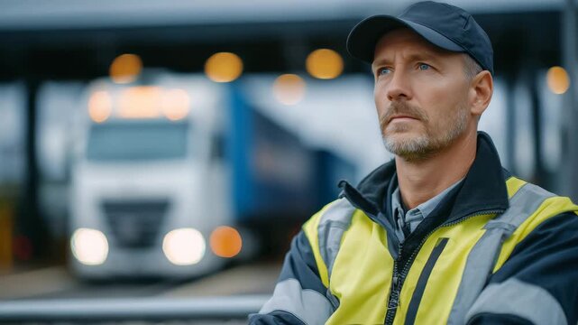 Close-up view of a customs officer blocking a convoy of cargo trucks, authoritative posture and focused expression, metal barriers lowered across the road, truck headlights glowing