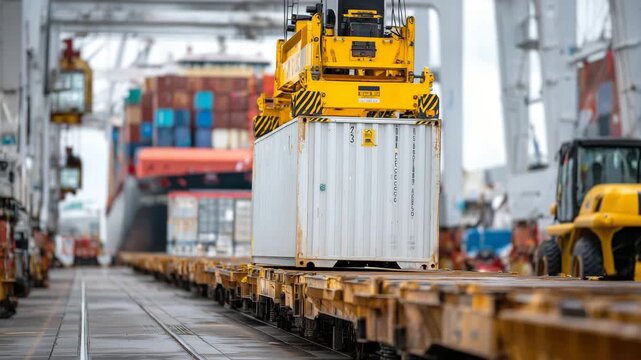 Close-up view of a harbor crane precisely positioning a cargo container onto a waiting rail flatcar, heavy lifting spreader locked onto the container, painted steel textures and se