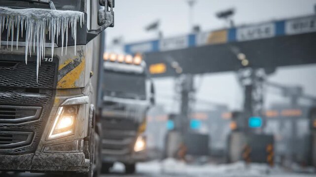Close-up view of stationary cargo trucks waiting at a frozen border crossing, icicles hanging from side mirrors, road salt stains on painted steel, steam rising from engines, secur