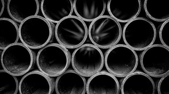 A group of shiny silver metal pipes with smooth surface and round cross-sections, stacked closely together on a pure white background, showcasing an industrial aesthetic.