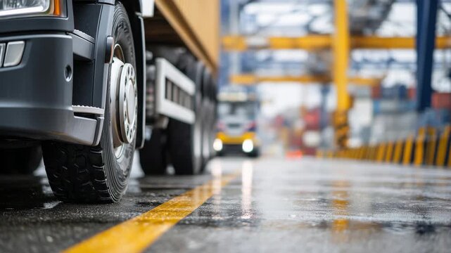 Close-up view of truck wheels and lower chassis in a customs queue, thick tire treads coated with grime, reflective puddles on the road surface, steel guardrails and checkpoint lan