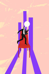 Naklejka premium Poster trend sketch template 3D photo collage of businessman smile talk speech cloud stand armchair goal trade stats target success