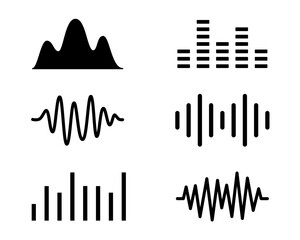 Sound waves and frequency signals. Minimal black line waveform silhouettes