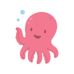 Cheerful cartoon pink octopus with bubbles. Happy underwater animal waving with friendly face, flat vector design for kids and marine themes.